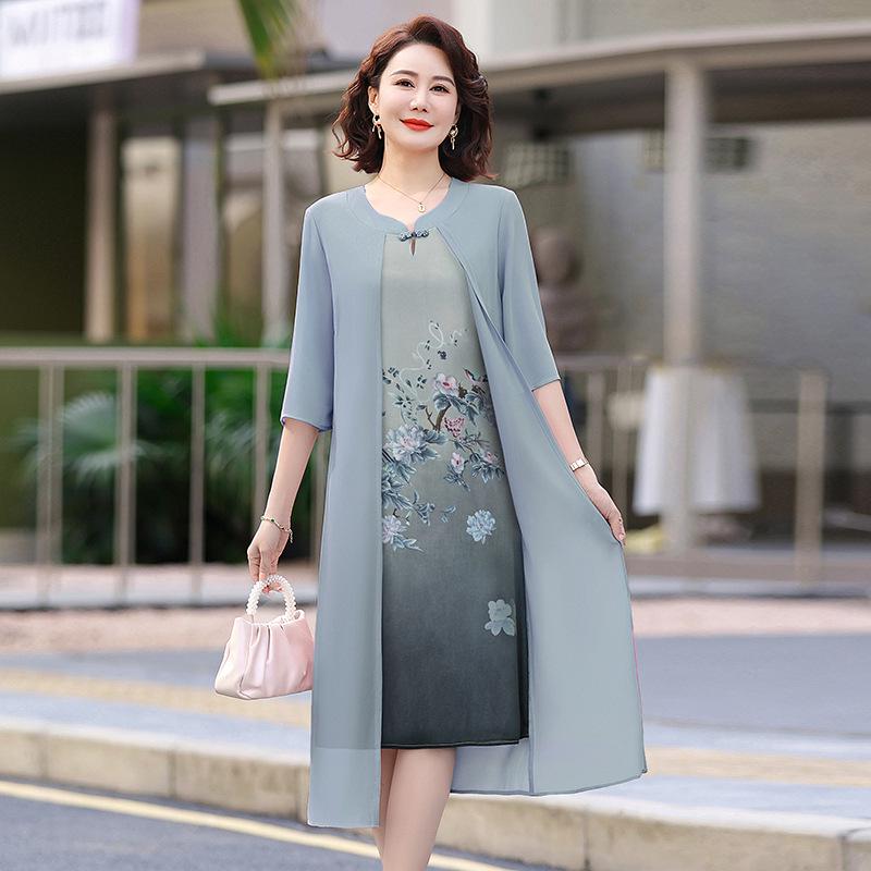 

Шифоновое летнее платье: Комплект из двух вещей с коротким рукавом для женщин среднего возраста XXL (110-122 jin) серо голубой