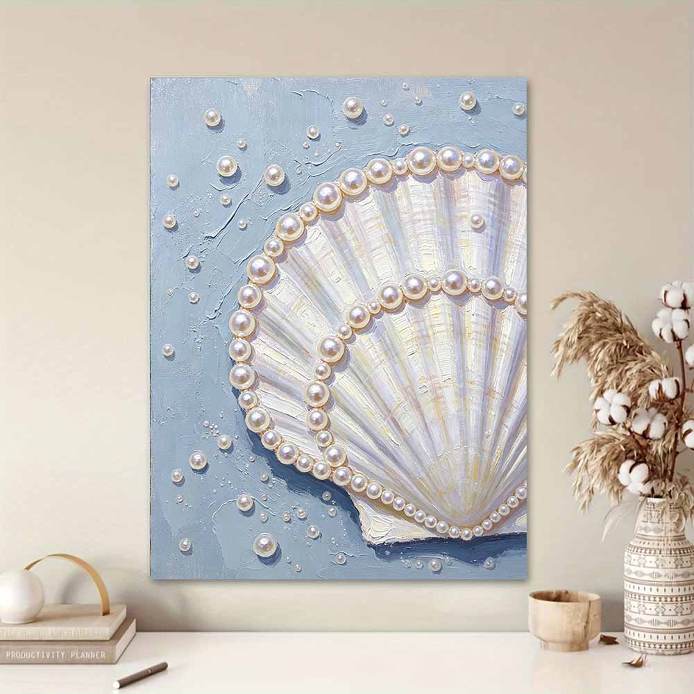 Elegant Seashell with Pearls 5D Pearl Painting Kit with Frame DIY Sparkling Bead Canvas Art Relaxing Craft for Home Wall Decor