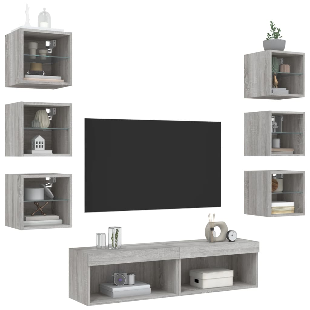 8 Piece Living Room Wall Unit with LED Lighting Grey Sonoma Wood Based Material
