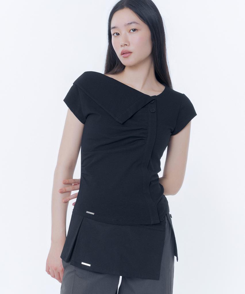 MISEKI SEOUL Folding Collar Shirring Top Black