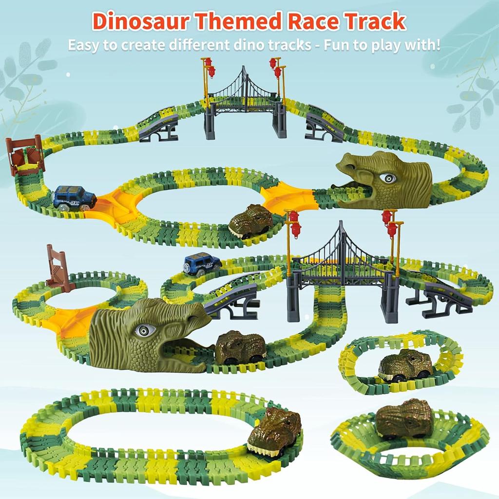 Dinosaur World Race Track Toys - 216pcs Flexible Track Playset with 1 Dinosaur Car, 1 Race Car, 6 Dino Toys, for Kids 3 4 5 6 Year & Up Old (Boys and