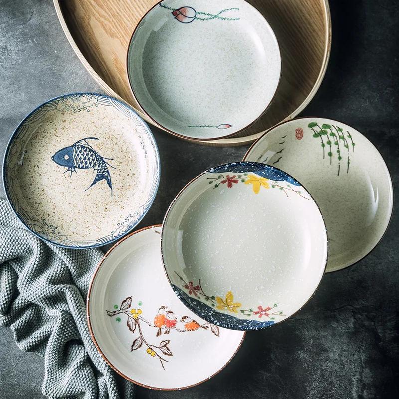 Japanese Style Underglaze Dish Sushi Dishes Cold Dish Dish Ceramic Plate Household round Fruit Flat Plate