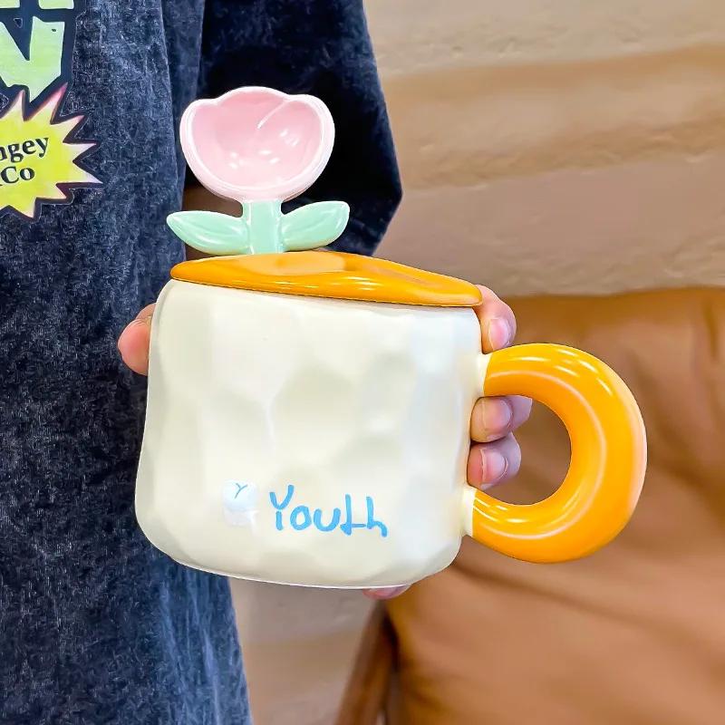 450ML Hand-Painted Flower Tea Cup Ceramic Mug Home Office Drinkware Cup Tea Coffee Milk Juice Water Bottle Creative Gift for Her