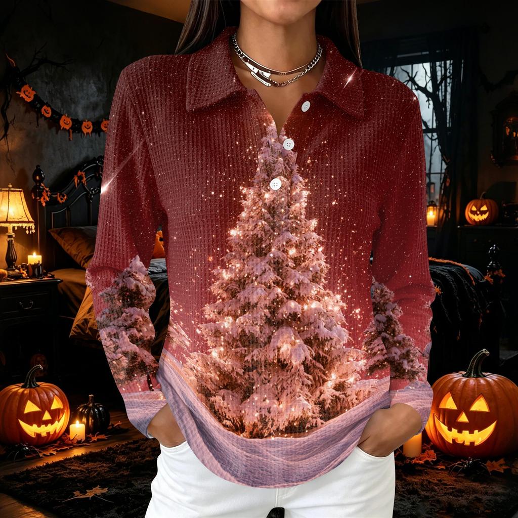 Women's Casual Button Long Sleeve Christmas Print Collared Top with Side Slits At Hem