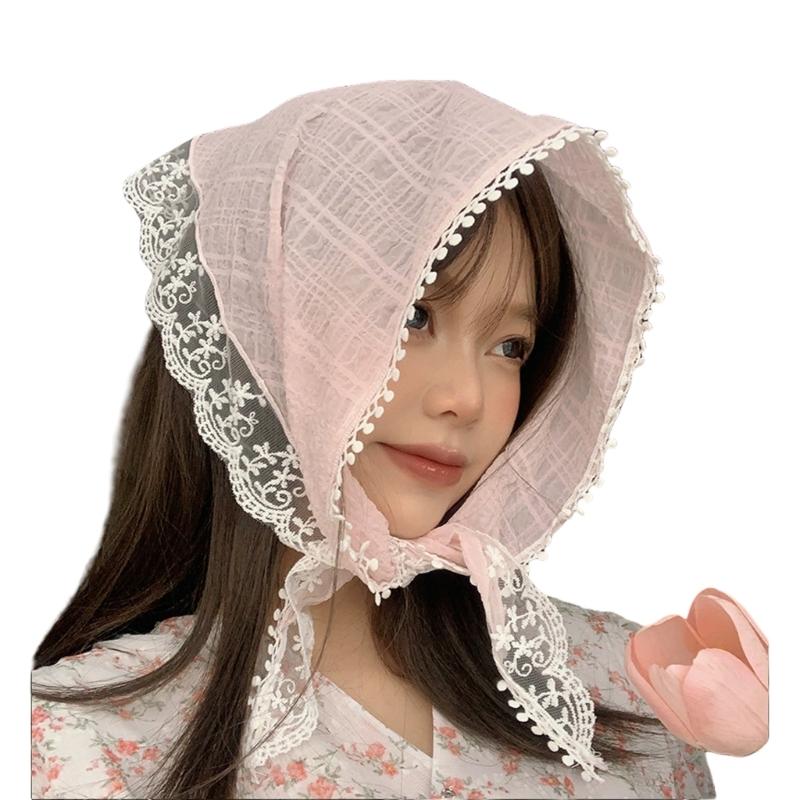 Triangular Head Scarf French Hair Bandana Tie Knotted Headscarf Vintage Headband Floral Lace Head Kerchief for Women