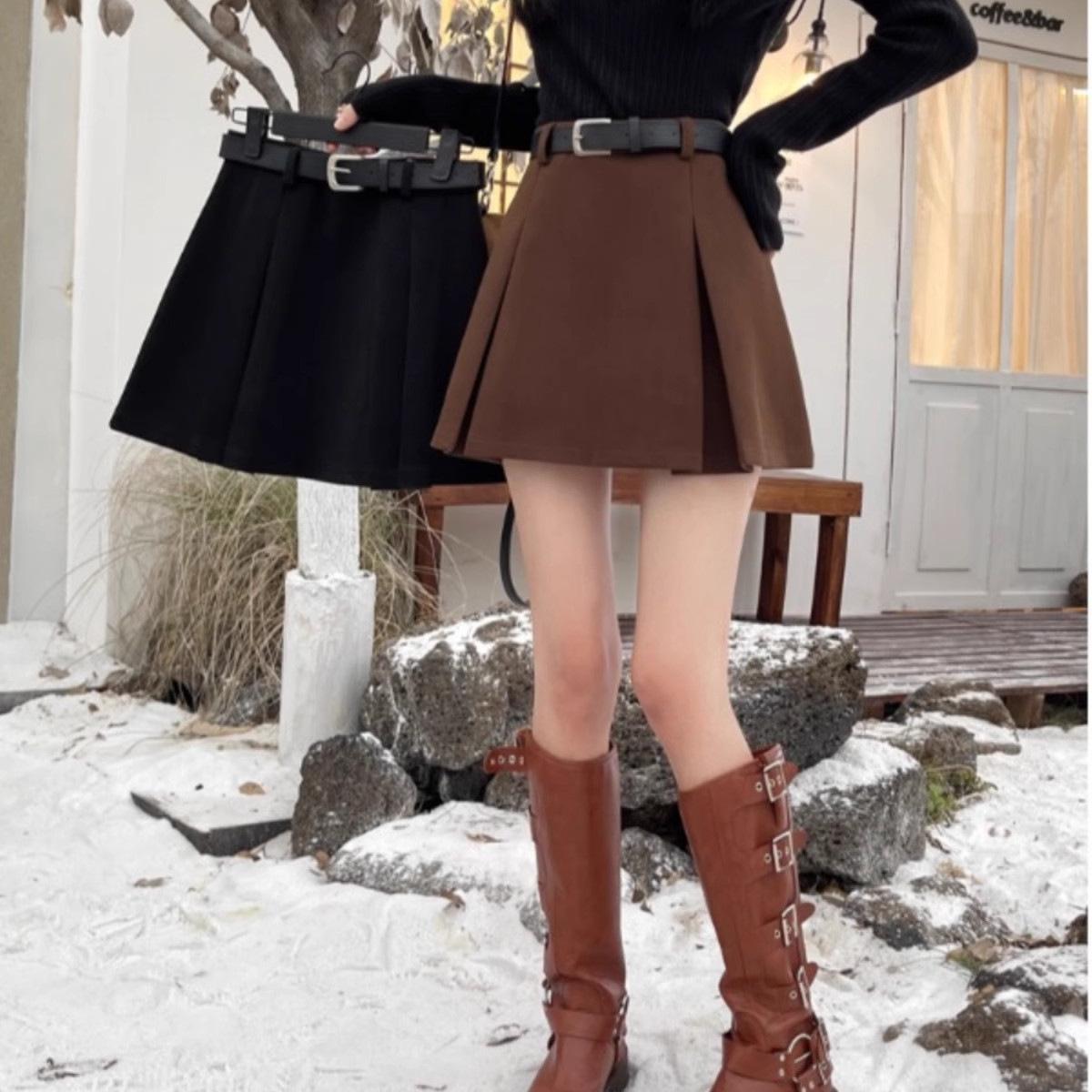 

Khaki Wool A-line Midi Skirt for Women - High Waist, Slimming, Plus Size, Fashionable Pleated Design for Autumn/Winter 2025 XS