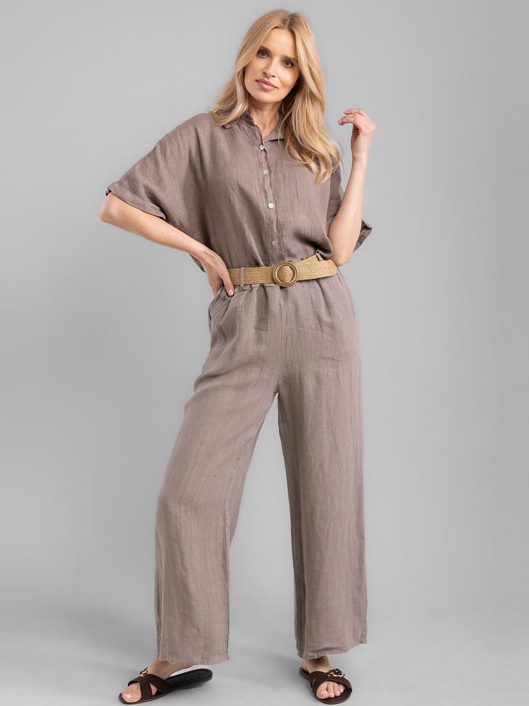 WOMEN' LINEN WIDE LEG TROUSERS WITH BELT