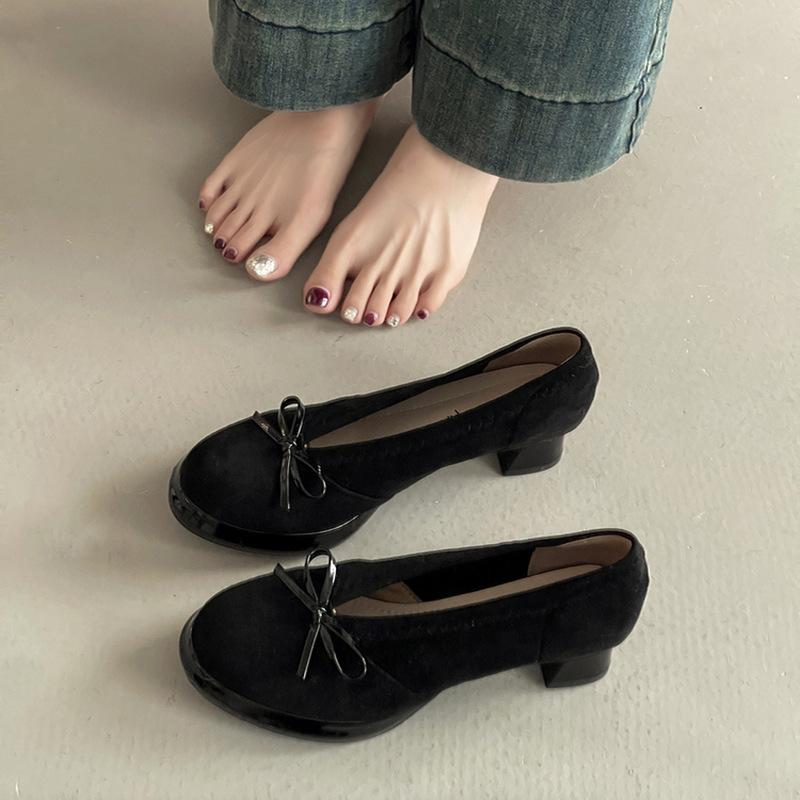 Retro Temperament, Socialite Style, Lady Pedal High Heels, Autumn Suede Bow Thick Heel Mary Jane Single Shoes