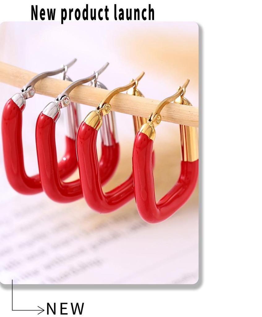 Qiong Yao European Style U-Shaped Gold-Plated Enamel Drop Earrings for Women - Trendy, Stainless Steel, Color-Preserving.