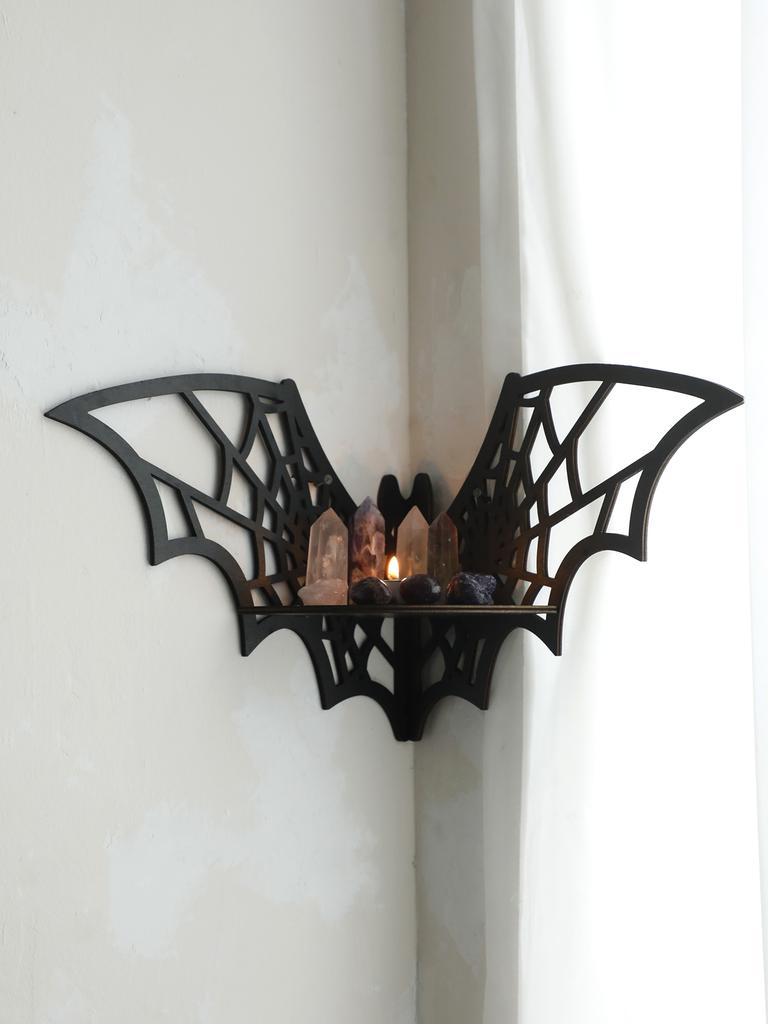 Halloween Black Wooden Wall Shelf Gothic Bat Moon Hollow Pattern Floating Shelf Crystal Holder Witch Room Decor Goth Home Decor