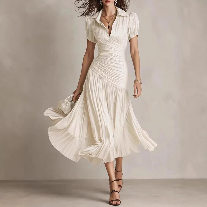 Spring new, European and American women s clothing, French elegant solid color lapel pleated splicing dress S белый