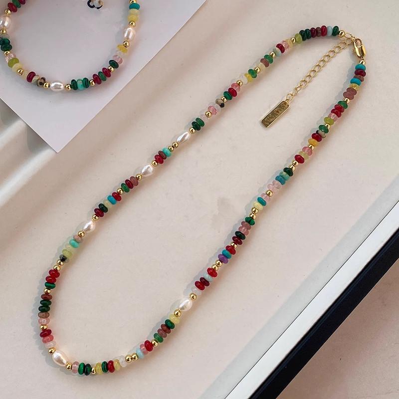 Vibrant Glazed Beaded Necklace: Mixed Color Stones, Rice Grain & Freshwater Pearls for Women
