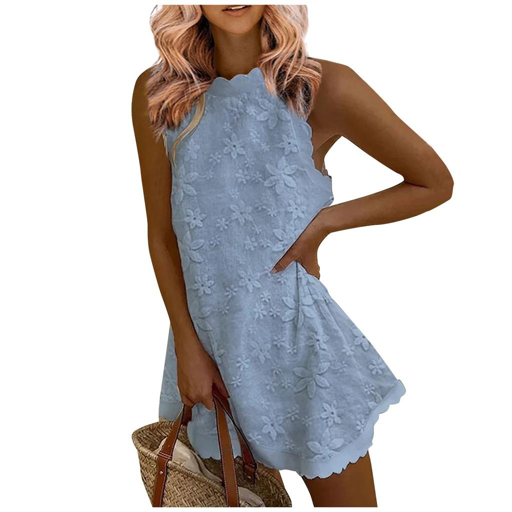 Women's Embroidered Casual Sleeveless Dresses Women's Tank Dress Sleeveless Round Neck  Dress Solid Color Summer Loose Casual Lace Dress