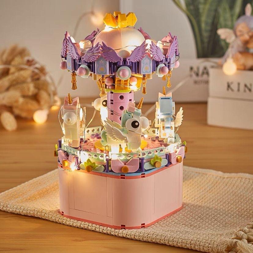 Small Particle Carousel Assembled Building Block Toy Educational Children Series Music Box Girls Gift