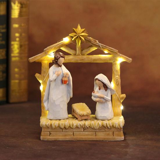 12Pcs LED Nativity Scene Set Resin Christmas Manger Angel Figurines with Star Light Holiday Tabletop Decor for Home Church