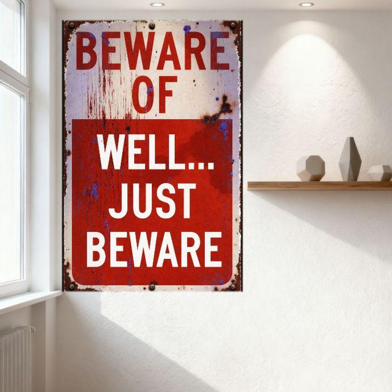 Vintage BEWARE Metal Tin Sign Rustic Warning Wall Plaque Home Bar Cafe Man Cave Decor with Blue Paint Splatters & Rust Stains