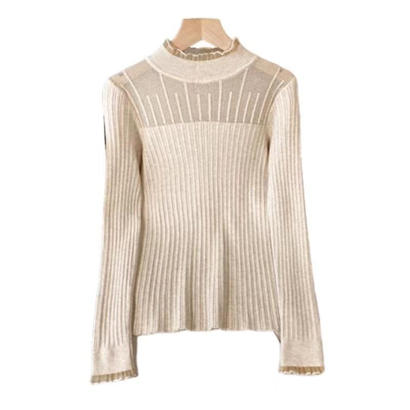 Autumn and Winter Semi -high -necked Lace Female Bottoming Shirt Fashion Foreign Black Slim Knitted Long -sleeved Top