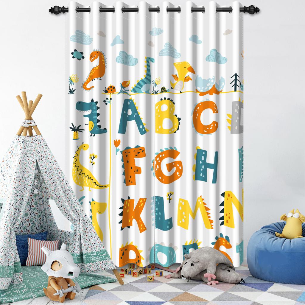 Cartoon Pattern Blackout Curtains 2Pcs Educational Fun Design For Children'S Room Living Room Bedroom Window Decor Grommet Top