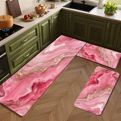1 Stück Rosa Marmormuster Fußmatte Modern Küche Polyester Teppich Rutschfest Bunt Innen Teppich, Für Zuhause Badezimmer Schlafzimmer Wohnzimmer Dekor