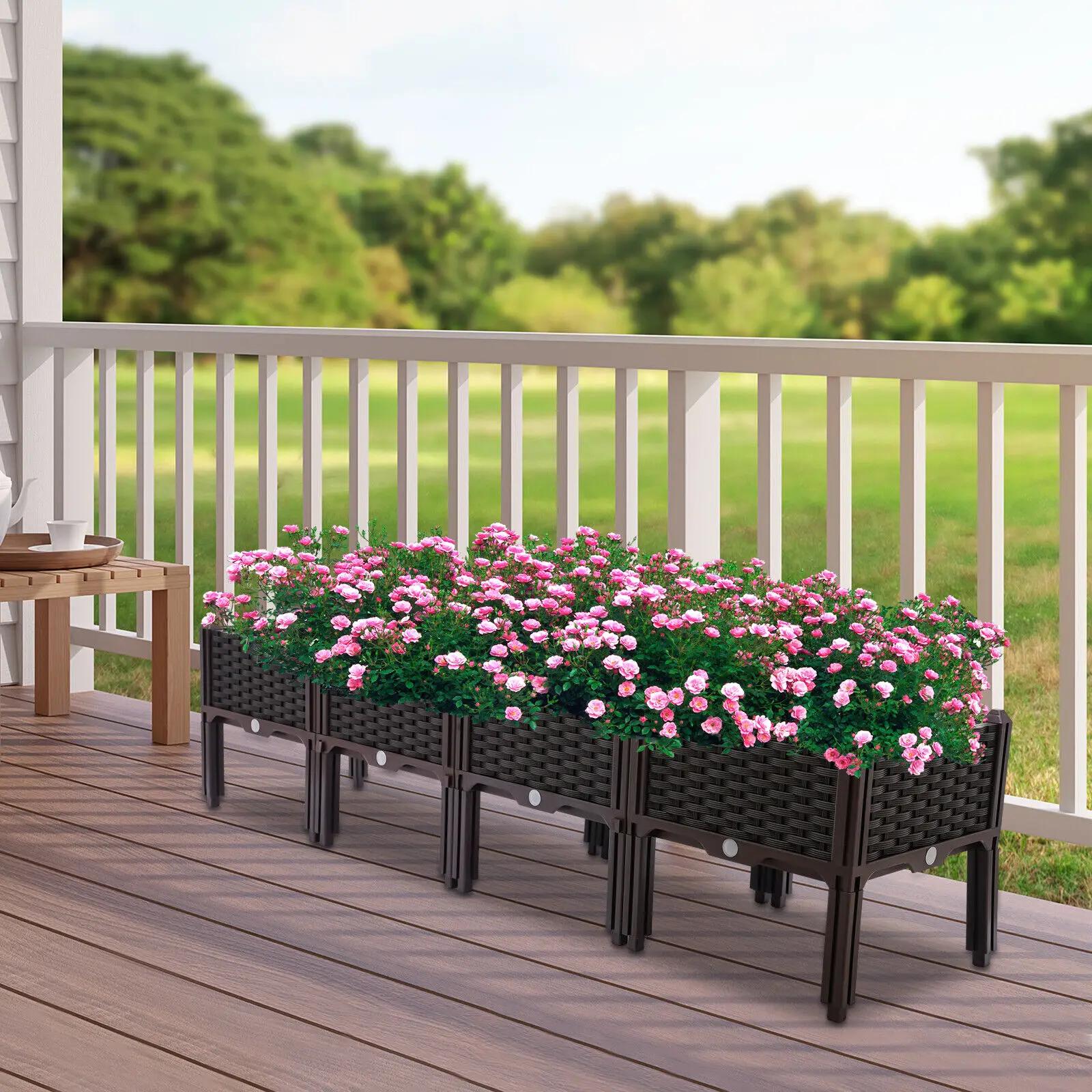 

4-Piece Set Elevated Garden Boxes,Raised Planting Beds for Flowers/Herbs,Durable PP Rectangular Planters for Patio/Balcony/Yard коричневий