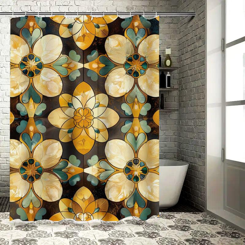 Luxurious Bath Curtain with Floral Print Modern Design Bathroom Decoration Shower Curtains for Home Decor (Black/Yellow/Green)