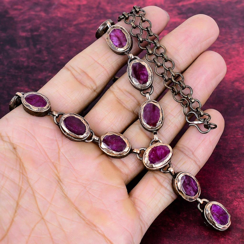 Faceted Kashmir Ruby Gemstone Necklace Electroformed Copper Adjustable Necklace