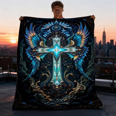 1pc Cross Ornament Throw Blanket Polyester Fiber, Lightweight Flannel, Soft & Warm, All Season Use for Outdoor, Camping Digital Print