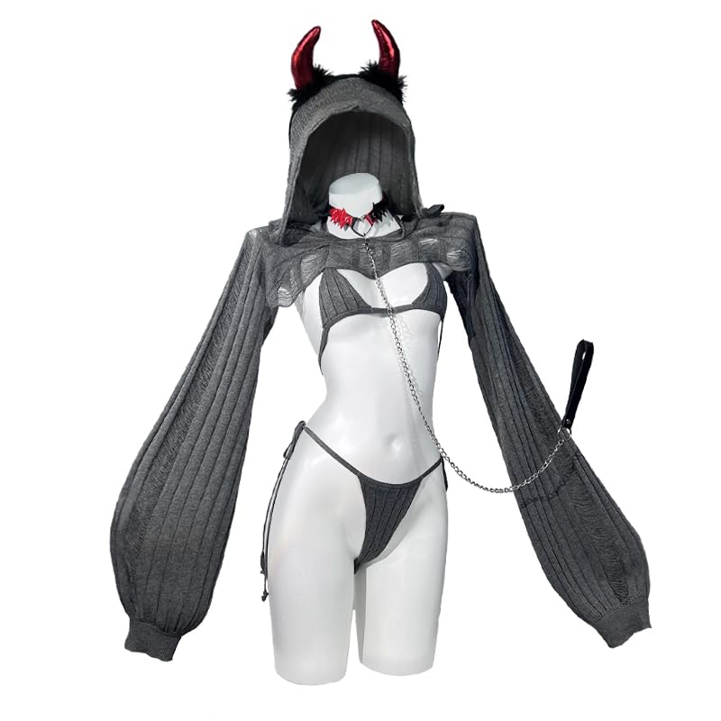 

[KORURACLUB] Вязаный костюм Cozy Devil, серый свитер премиум-класса, нижнее белье для косплея, женское трикотажное белье Cozy Devil Succubus (Серый)