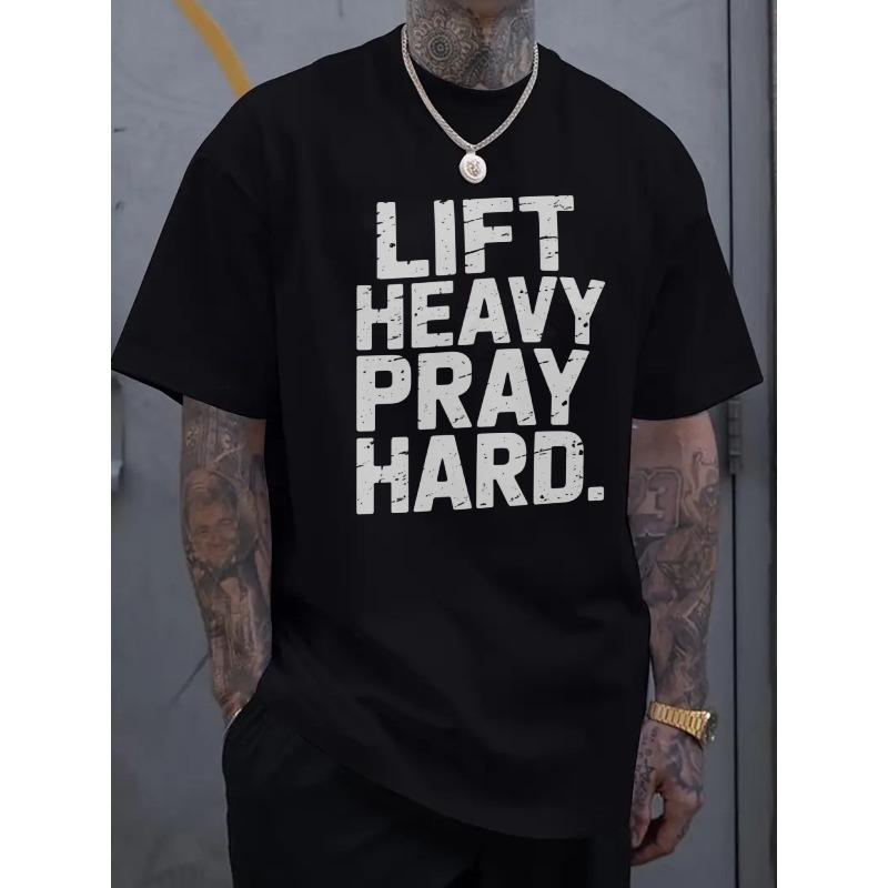 Европейские размеры Мужская тяжелая футболка для зала - LIFT HEAVY PRAY HARD Мотивирующая футболка для тренировок - Футболка Баланс Фитнеса и Веры - Можно стирать в машине S чёрный