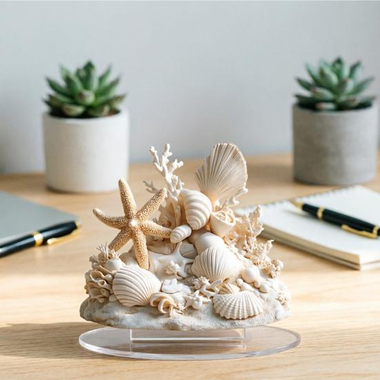 Yousheng Coastal Shell Coral Ornament, 2D Flat Acrylic Starfish Decoration with Base, Ocean Shells Table Centerpiece Ornament for Home Desk Shelf