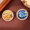 1Pcs Rhinestone Round Lapel Pin Famous Painting Brooches For Women The Starry Night And Farmer In Wheat Field Party Brooch Badge