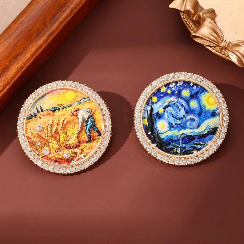 1Pcs Rhinestone Round Lapel Pin Famous Painting Brooches For Women The Starry Night And Farmer In Wheat Field Party Brooch Badge