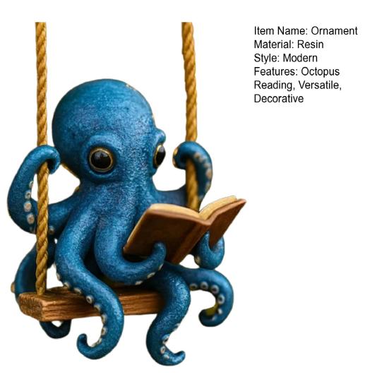 Blue Octopus Reading Christmas Ornament Festive Sea Creature Decorative Hanging Home Office Party Decor