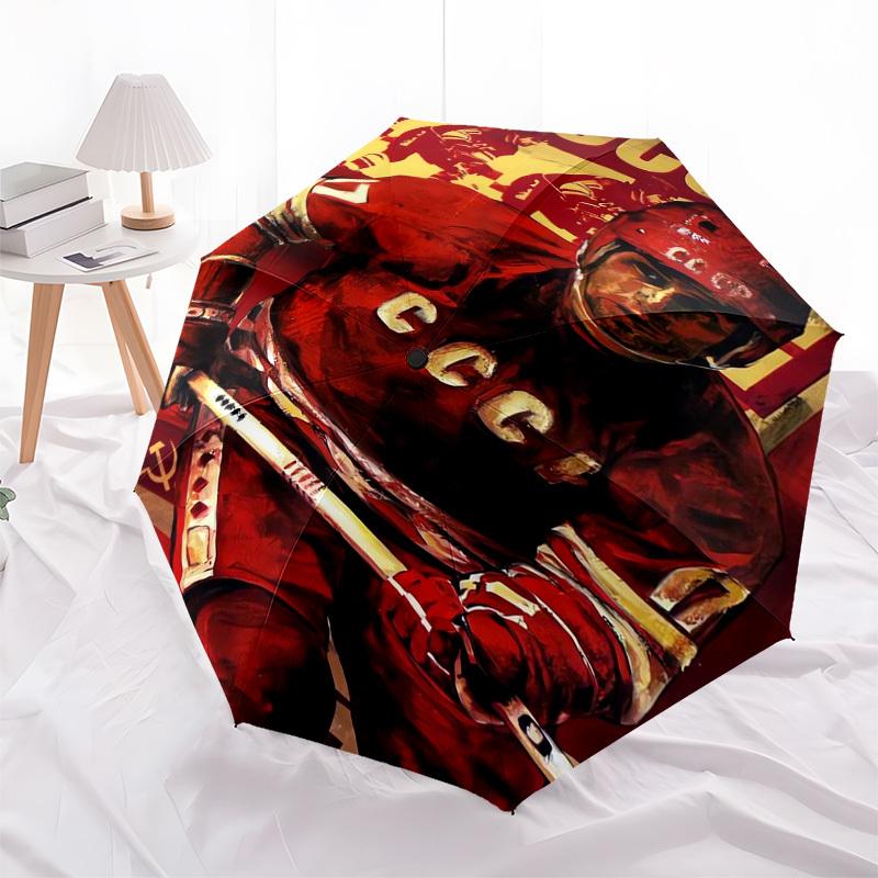 Hockey, Soviet Themed Automatic Opening and Closing Umbrella, Compact Travel Umbrella, Lightweight and Portable, Suitable for Beach Commutin