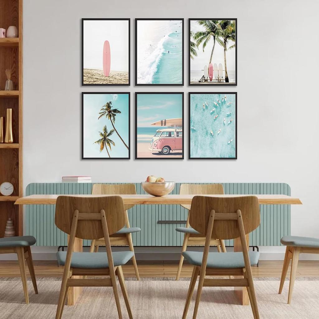 6Pcs Surf Canvas Wall Art Summer Beach Posters Tropical Ocean Coastal Wall Decor Palm Tree Surfboard Seascape Painting Prints Nautical Pictures Gift