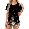 Damen Casual Mode Rundhals Floral Bedruckt Plissiert Kurzarm T-Shirt Top