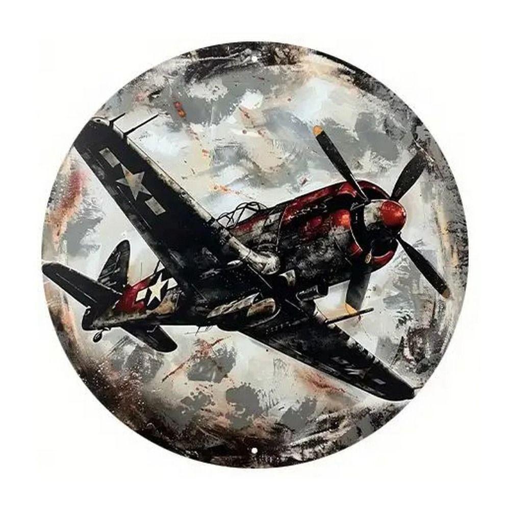 Retro Round Metal Sign Flat Fighter Plane 20x20cm