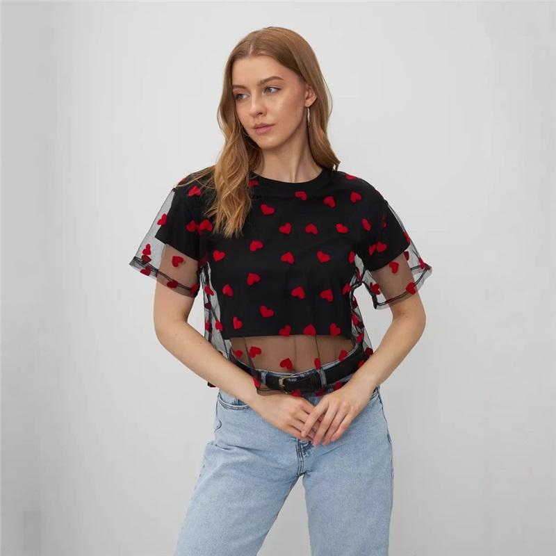 

Летняя футболка с сетчатой вставкой в форме сердца, пэчворк, колор-блок для женщин - Хлопковый короткий топ в европейском и американском стиле, имитация двух частей L/XL чёрный