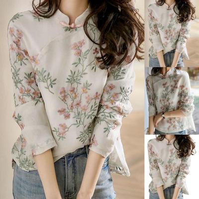 Women Shirt Chinese Style Embroidery Elegant Long Sleeve Cheongsam Shirt for Daily Wear