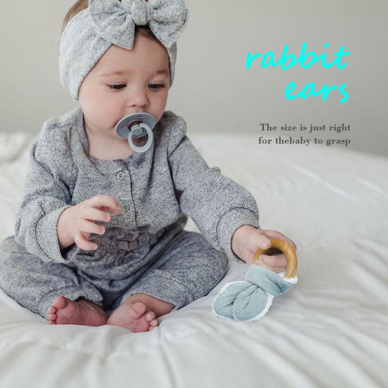 100% Cotton Baby Bunny Ear Teether Rabbit Beech Wooden Rattle Teether Safe Organic Wooden Ring Nursing Training Teethers Toy