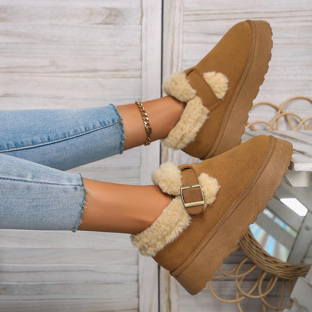 Women's Plus Size Fur Fleece One Foot Cotton Shoes Casual Short Tube Solid Color Sponge Cake Thick Soled Snow Boots Shoes 36-42