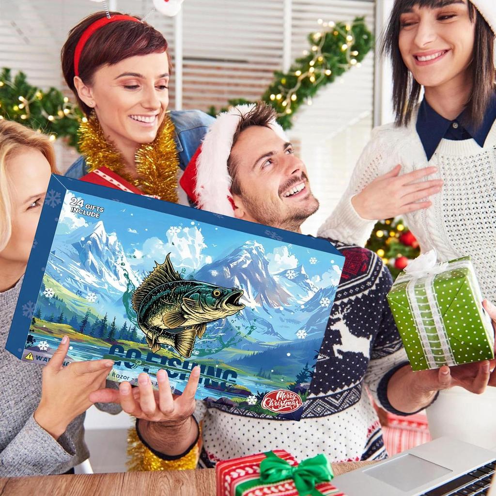 Fishing Advent Calendar 2025 24 Day Christmas Countdown Box with Fishing Accessories Rod Holder Lip Gripper for Dad Husband Gift