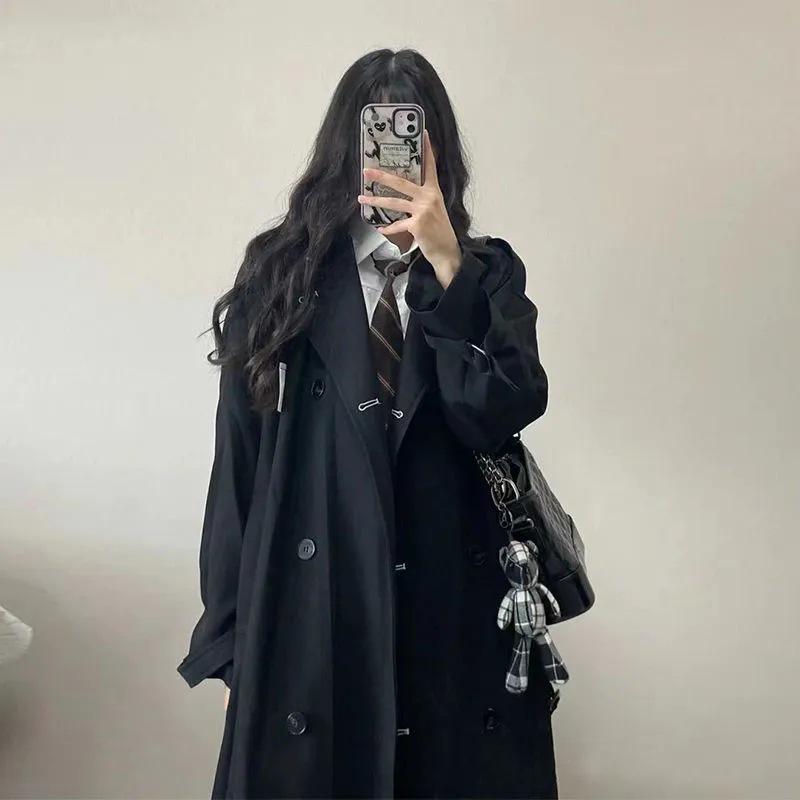 Women's Elegant Black Mid-Length Trench Coat - 2025 Autumn Korean Style for Students