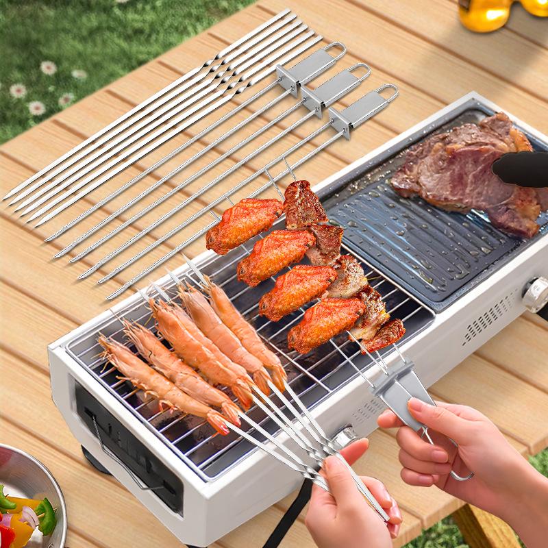 Espetos Duplos de Aço Inoxidável para Churrasco Semi-Automáticos com Empurrador para Assar e Kebab