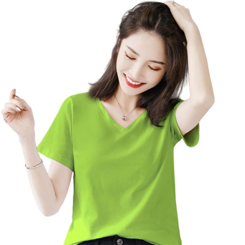Women's 2022 Green Heart-Shaped V-Neck Short-Sleeve Cotton T-Shirt - Trendy Summer Wear
