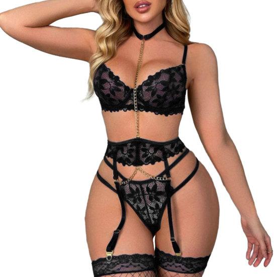 1 Set Sexy Bra Panties Garter Set Hollow Out See-through Lace Multi Strap High Waist Chain Decor Fishnet Elastic Thin Halter Neck Honeymoon