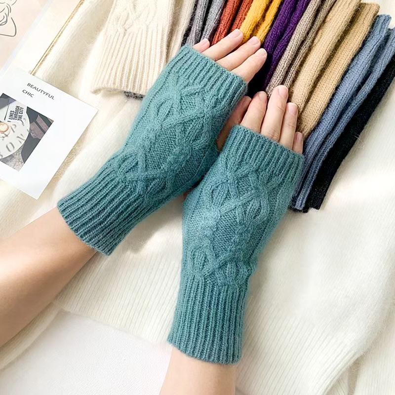 1Pair Women Winter Warm Gloves Soft Fingerless Long Polyester Solid Color Warmer Mittens