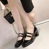 Fashion 2025 Spring Autumn Women Double Buckle Pumps Shoes Leather Square Head Square Heel Solid Color Women's Shoes Heeled Loafers