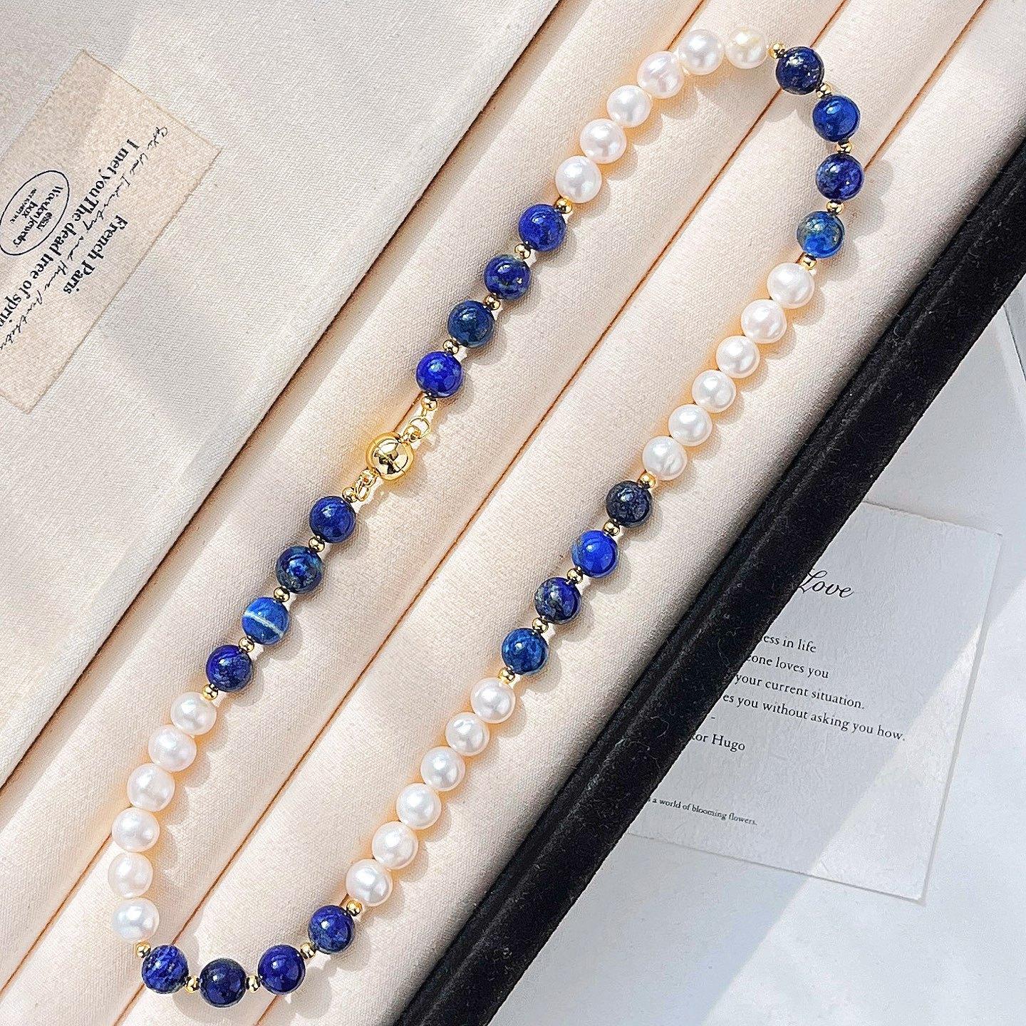 

High Quality Retro Natural Lapis Lazuli Freshwater Pearl Necklace Collarbone Chain For Women