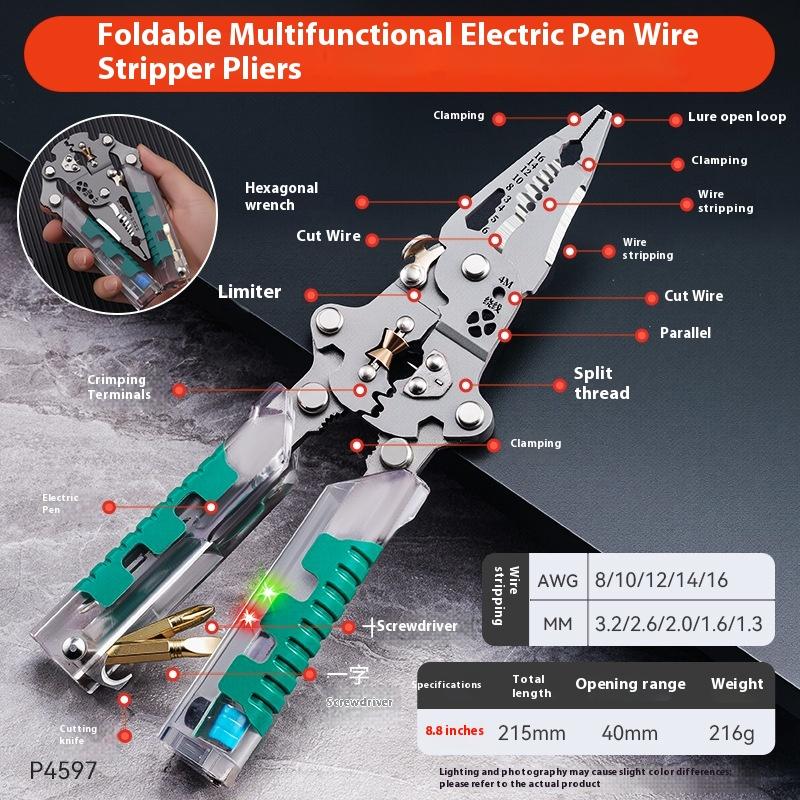 

1Pcs Electrician Wire Splitter Wire Winding Pliers Crimping Pliers Hand Tool Foldable Wire Stripper With Electrical Test Pen
